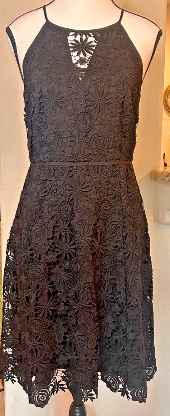 White House Black Market Silk Lined Black Crochet Halter Dress Size 2